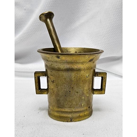 Vintage Danish Apothecary Brass Mortar With Double Handles And Pestle - Picture 2 of 5
